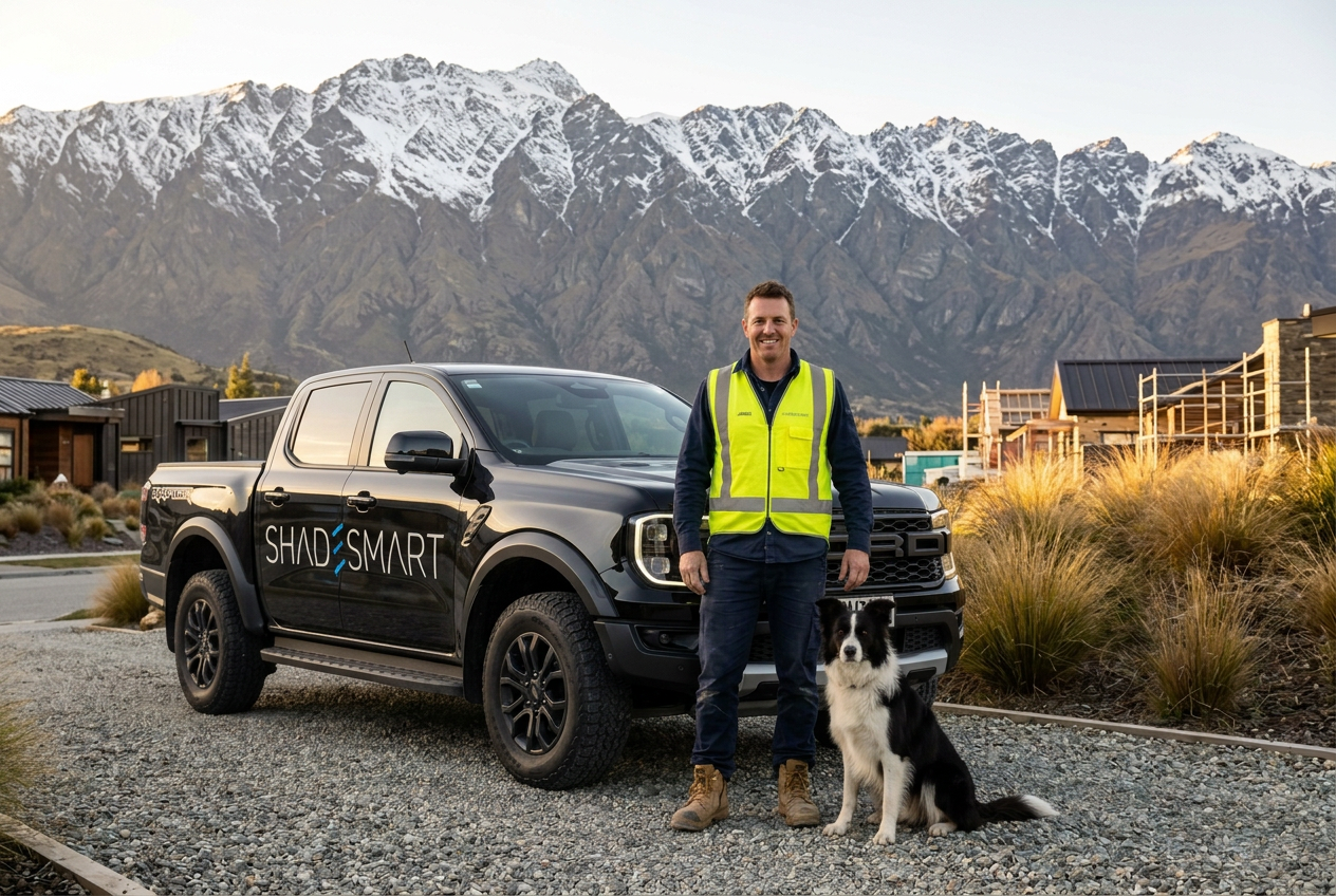 James Beattie, licensed builder at Shade Smart Queenstown, with his Border Collie and Shade Smart Ford Ranger